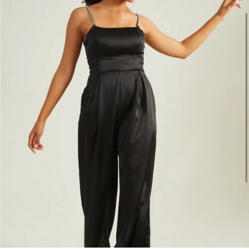 Satin jumpsuit with rhinestone straps